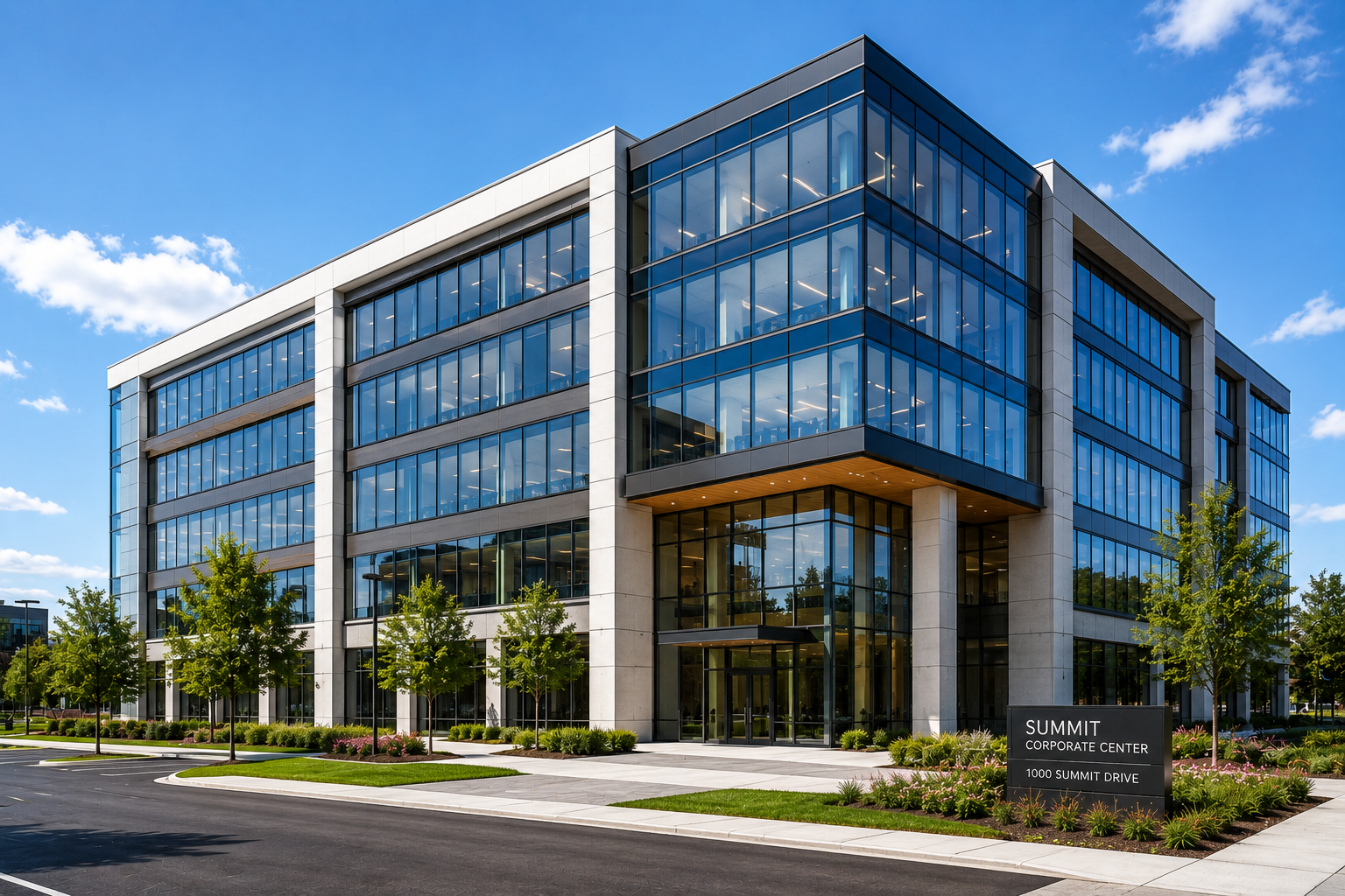 Contemporary glass office complex in daylight